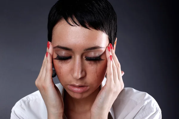 Depresión y dolor de cabeza, mujer enferma —  Fotos de Stock
