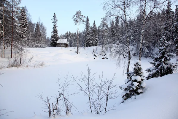 Casa Inverno Coberta Neve Norte Europa — Fotografia de Stock