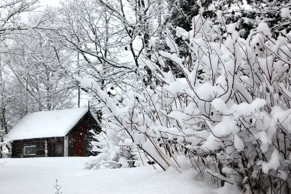 Zimní venkovské krajiny, dům pod sněžení — Stock fotografie