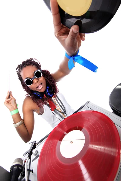 Cool afro americano DJ em ação isolado no branco — Fotografia de Stock