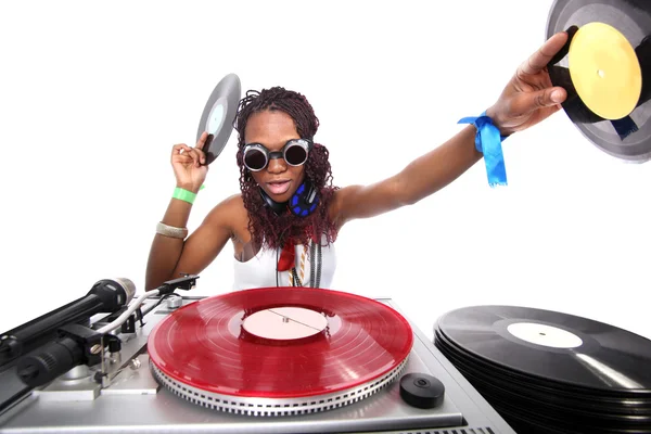 Coole afroamerikanische DJ in Aktion isoliert auf weiß — Stockfoto