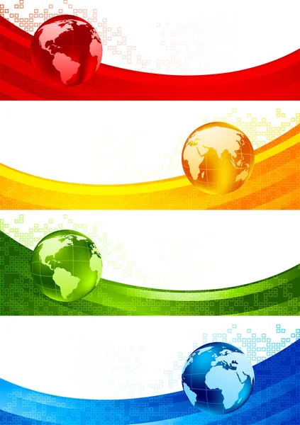Collezione di quattro striscioni con globi. Illustrazione vettoriale — Vettoriale Stock