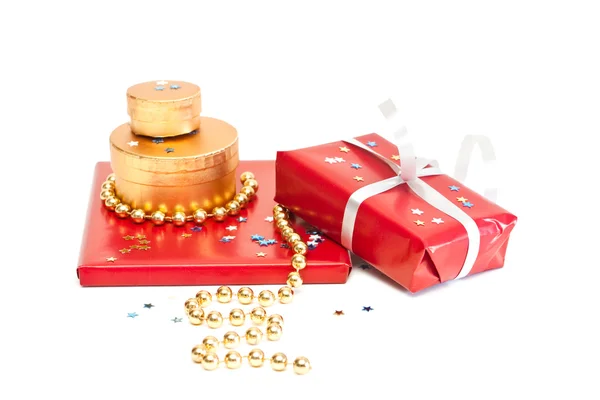 Rote und goldene Geschenkboxen. — Stockfoto