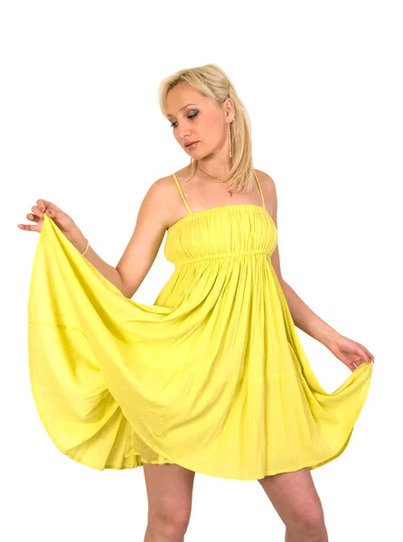 Dziewczyna Żółci Letnią Sukienkę Którą Jest Izolowany Białym Tle — Zdjęcie stockowe