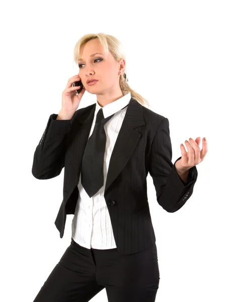 Menina Terno Negócios Gestos Enquanto Fala Telefone Celular — Fotografia de Stock