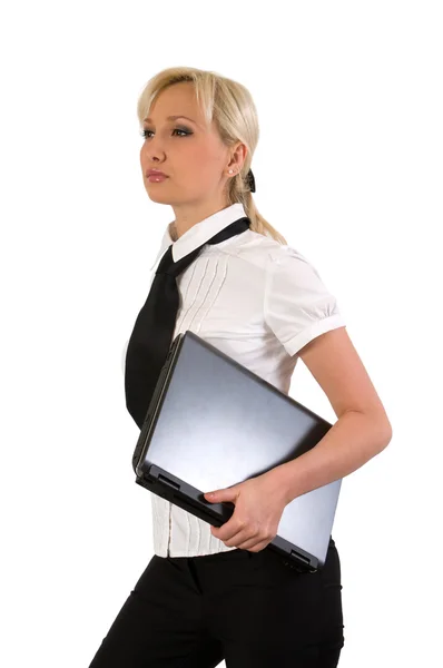 Menina Loira Com Laptop Isolado Fundo Branco — Fotografia de Stock