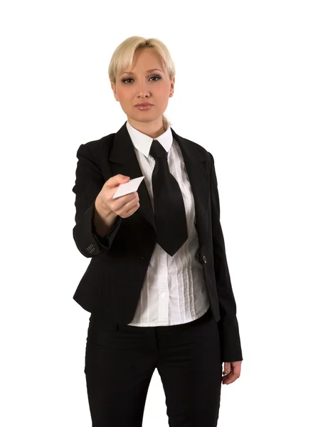 Blonde Girl Stretches Out His Hand Business Card — Stock Photo, Image