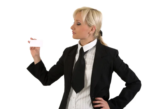 Blonde Girl Shows Blank Card White Background — Stock Photo, Image