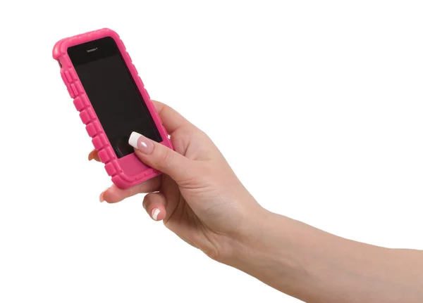 Мобильный телефон в женской руке . — стоковое фото
