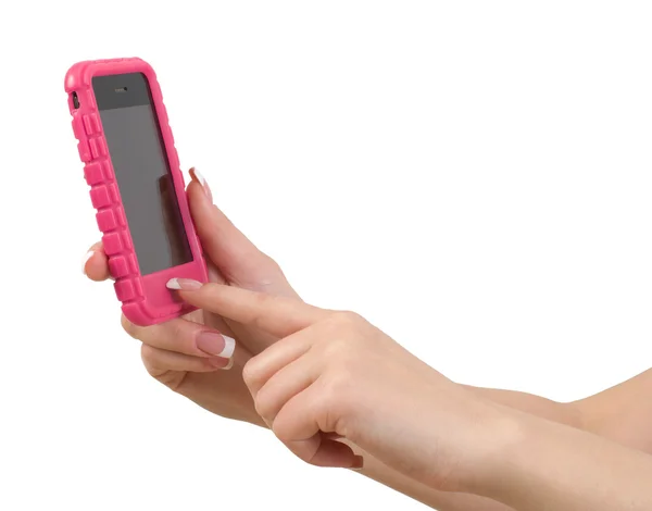 Мобильный телефон в женской руке . — стоковое фото