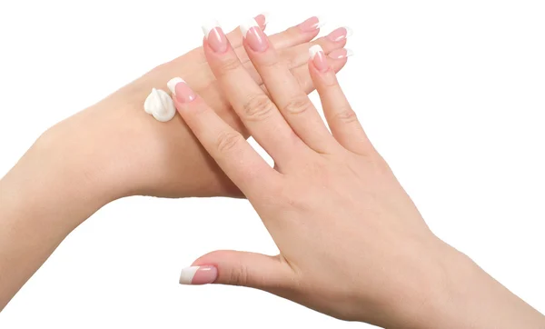 Application de crème pour les mains . Photos De Stock Libres De Droits