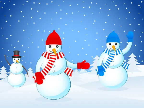 Paysage de Noël et bonhommes de neige — Image vectorielle