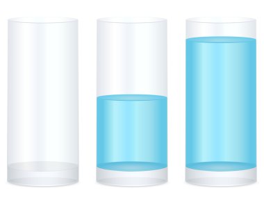 Empty, half and full water glass on a white background. Vector illustration. clipart