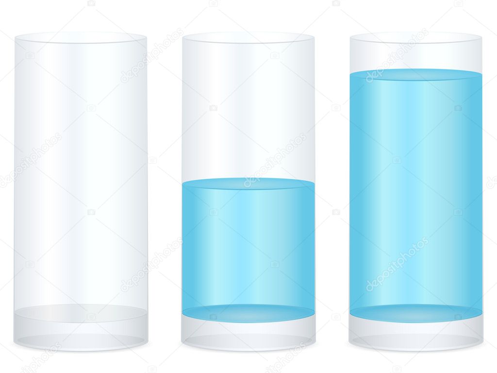 Empty, half and full water glass on a white background. Vector illustration.