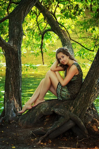 Beautiful girl sitting on a large tree — Stock Photo, Image
