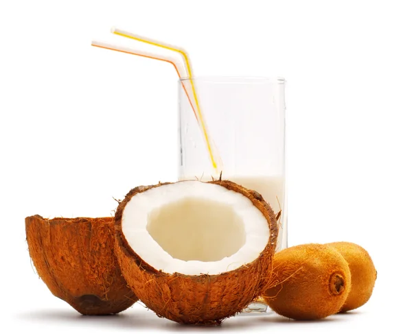 Coconut, kiwi and glass with coco milk — Stock Photo, Image