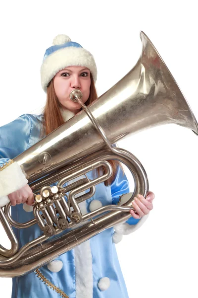 Engraçado santa menina tocando trompete — Fotografia de Stock