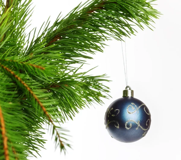Blue Decoration Ball Fir Branch Isolated White — Stock Photo, Image