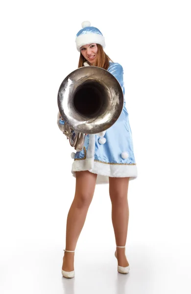 Engraçado santa menina com grande trompete — Fotografia de Stock