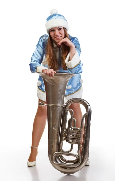 Funny Santa Girl Con Gran Trompeta Aislado Blanco — Foto de Stock