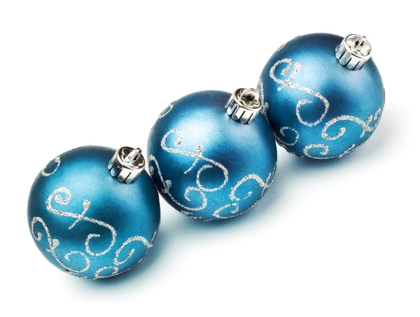 Drie Blauwe Decoratie Ballen Geïsoleerd Wit — Stockfoto