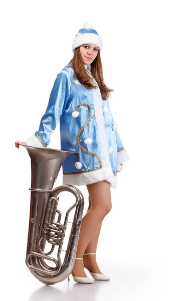 Santa chica con gran trompeta — Foto de Stock