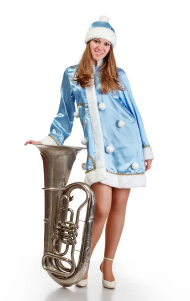 Santa meisje met grote trompet — Stockfoto