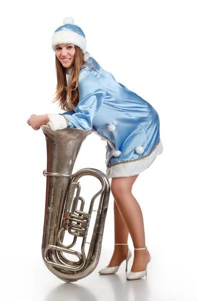 Engraçado Santa Menina Com Grande Trompete — Fotografia de Stock
