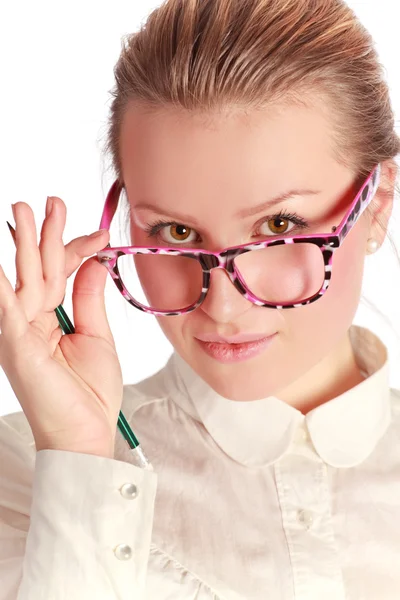Hübsche Lehrerin Lustiger Brille Mit Stift — Stockfoto