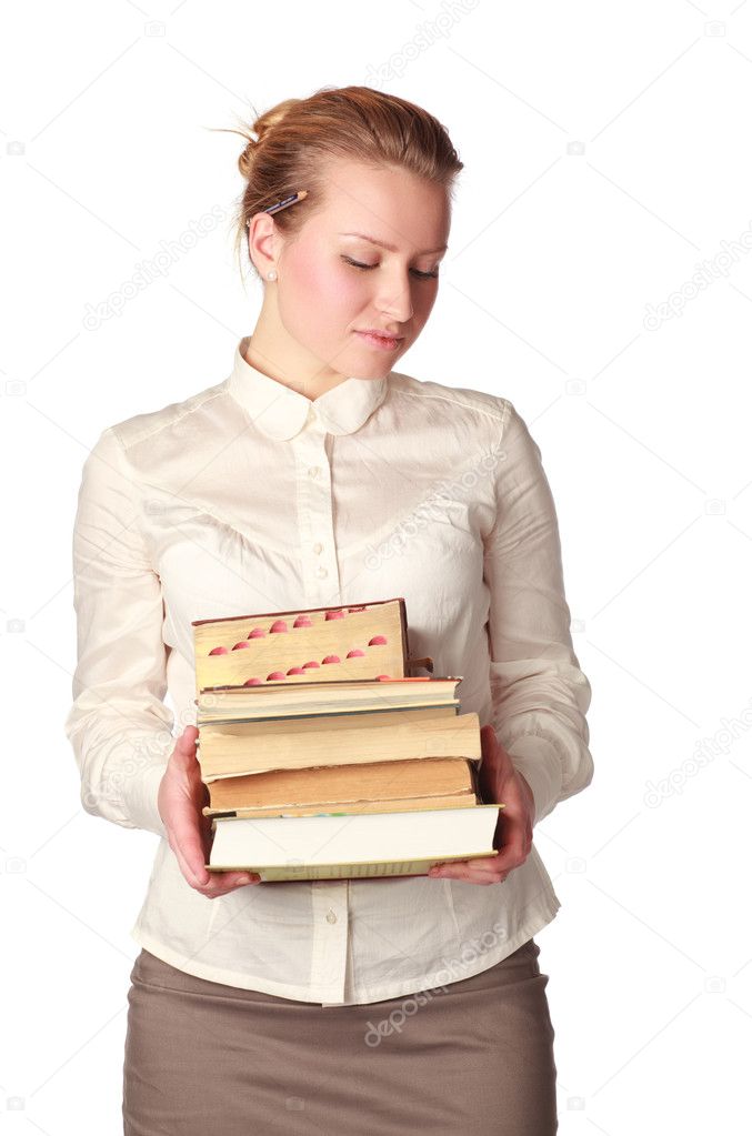 Shy teacher with books isolated on white