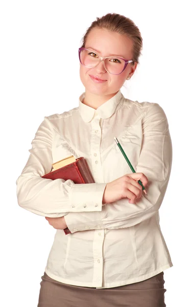 Öğretmen Beyaz Izole Kalem Kitap Ile Gülümseyen — Stok fotoğraf