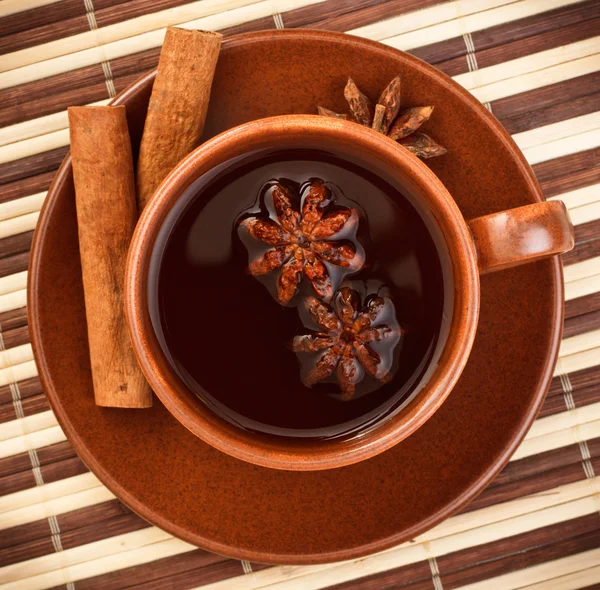 Cup Winter Tea Cinnamon Star Anise Bamboo Napkin — Stock Photo, Image