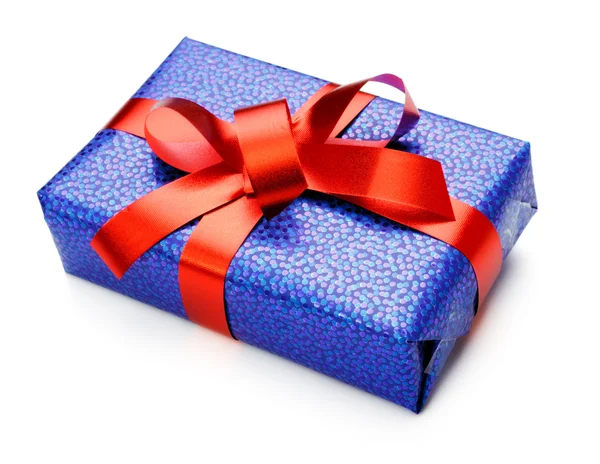 Blue Gift Box Red Bow Isolated White — Stock Photo, Image