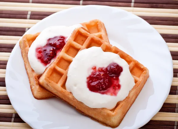 stock image Dessert with soft waffle and raspberry jam