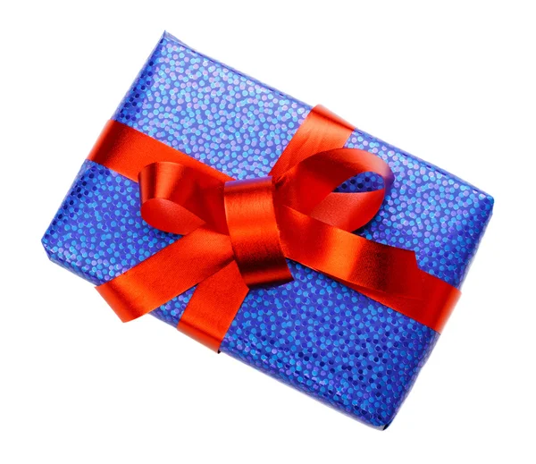 Голубая Подарочная Коробка Красным Бантом Изолированным Белом — стоковое фото