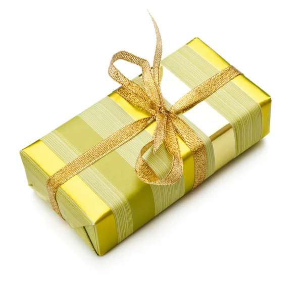 Caixa Presente Listrada Amarela Isolada Branco — Fotografia de Stock