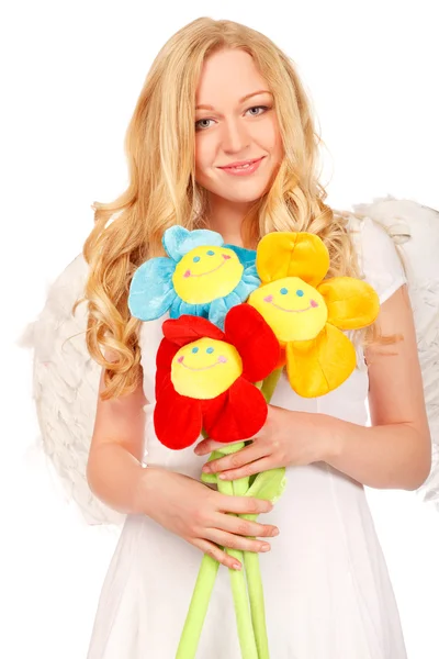 Ange Blond avec des fleurs drôles — Photo