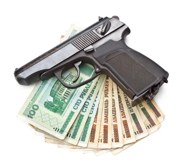 Waffe Und Geld Isoliert Auf Weißem Hintergrund — Stockfoto