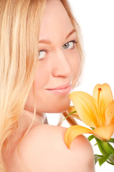 Beautiful Young Woman Lily Flower Close Portrait — Stock Photo, Image