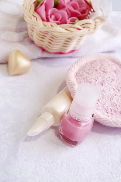 Cosmetica Voor Nagel Handen Van Gezondheidszorg Behandeling Roze Witte Emaille — Stockfoto