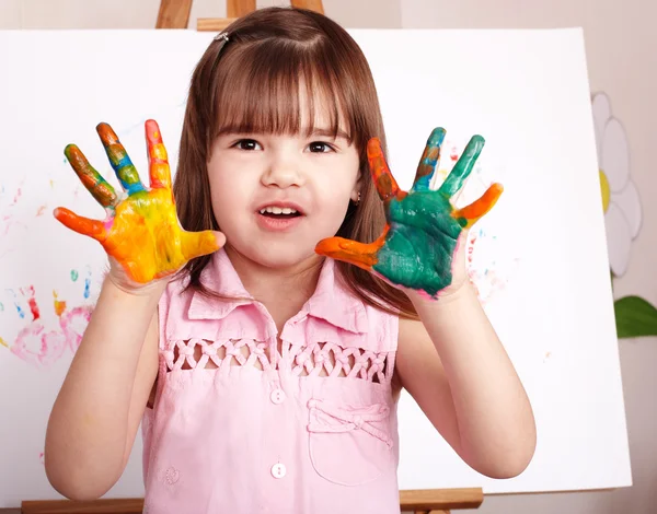 Kid making handprints with paint. — Stock Photo, Image