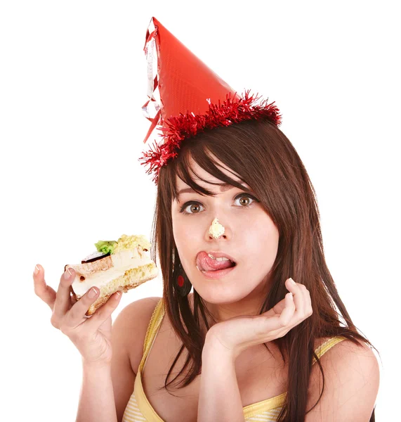 케이크를 먹는 행복 한 젊은 여자. — 스톡 사진