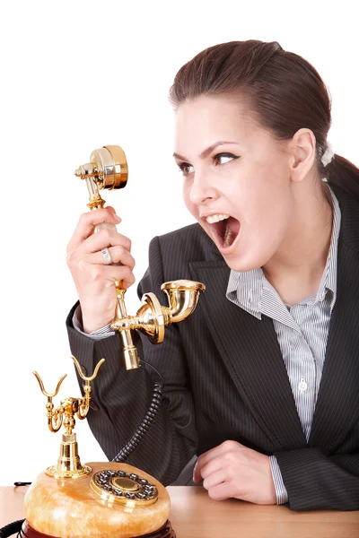 Aggressive businesswoman talking by phone. — Stock Photo, Image