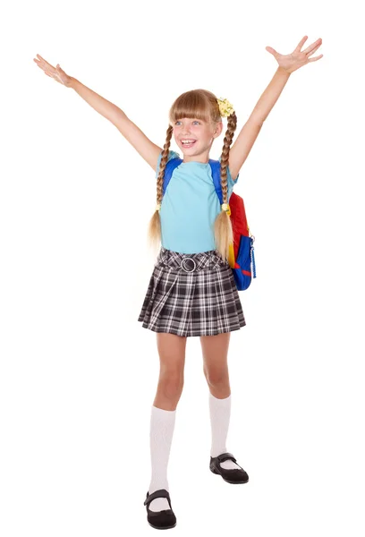 Schoolgirl with backpack hand up. — Stock Photo, Image