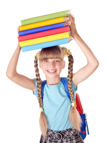 Schoolmeisje met rugzak bedrijf stapel boeken. — Stockfoto