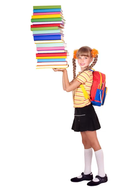 Schoolgirl with backpack holding pile of books. — Stock Photo, Image