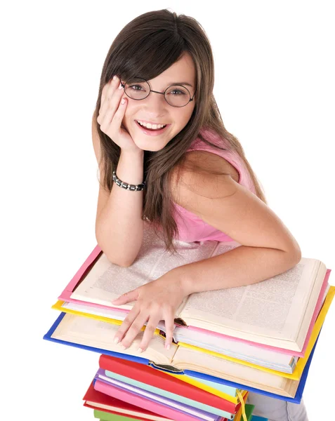 Mädchen mit Stapel farbiges Buch . — Stockfoto