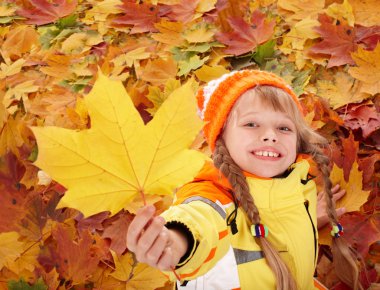 Child in autumn orange leaves. clipart