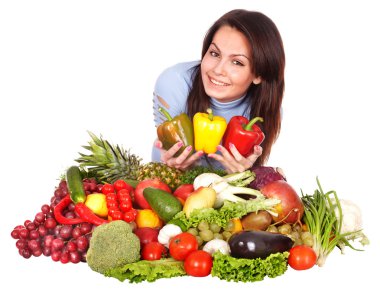 Girl with group of fruit and vegetables. clipart
