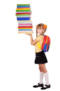 Schoolgirl with backpack holding pile of books.